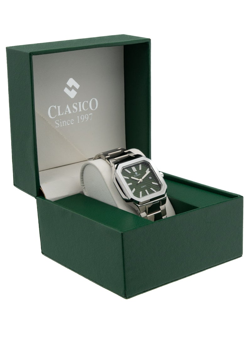 Clasico ساعة ليونيس كواتز المعدنية الفاخرة للرجال - فضي أخضر متينة الصنع - Image 5