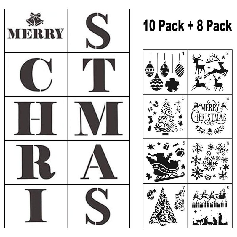 DEQUERA Dequera Christmas Stencils for Painting on Wood 18 Pack Merry Christmas Sign Stencil Templates with Letters and Patterns Reusable Plastic Stencils for Wood Burning Wall Art