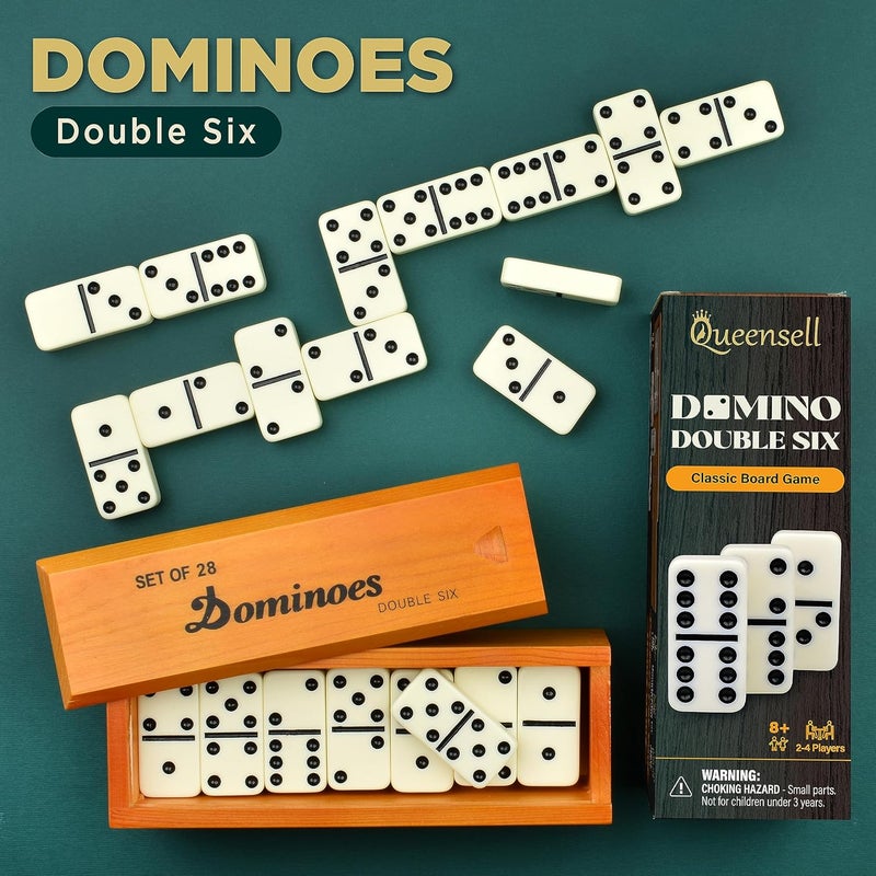 Queensell Jumbo Dominoes Set for Adults and Kids – Domino Set for Classic Board Games – Jumbo Dominoes Double 6 for Travel Games – Dominos Set for Adults 28 Tiles - Image 1