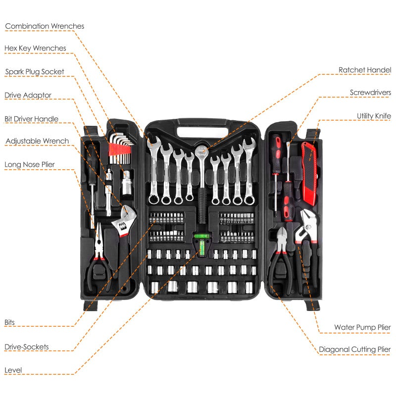 TLGREEN 95 Piece Tool Set, Tool Kit, Mechanics Tool Set, Portable Toolbox with Adjustable Wrench Pliers Socket Bits, with Plastic Toolbox, for House Apartment Garage (Red) - Image 3