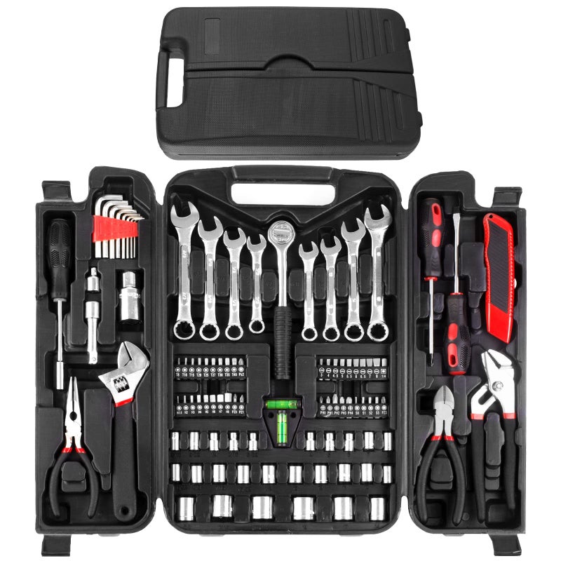 TLGREEN 95 Piece Tool Set, Tool Kit, Mechanics Tool Set, Portable Toolbox with Adjustable Wrench Pliers Socket Bits, with Plastic Toolbox, for House Apartment Garage (Red) - Image 1