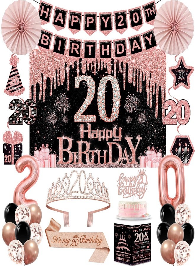 Juesly 20th Birthday Decorations for Girls,32PCS 20th Birthday Party Decorations,Including Backdrop, Crown, Sash, banner, Hanging Swirl,Cake Topper,balloons,Paper Fans and Anniversary Card - Image 1