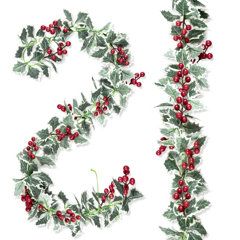 Whaline 2Pcs Christmas Artificial Garlands 157Ft Xmas Berry Holly Leaves Garland Faux Greenery Garlands Winter Snowy Red Berries Hanging Vine for Wedding Party Home Decoration