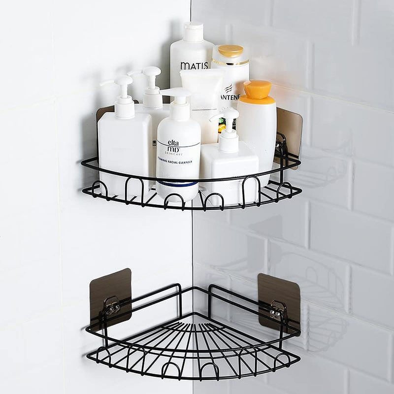 wolpin Wall Shelves Shelf Self-Adhesive Iron Corner Multipurpose Sticker Hooks Wall Holder Bathroom Storage Rack Box Strong Shower Rack Shelf - Black (2 Pieces) - Image 1