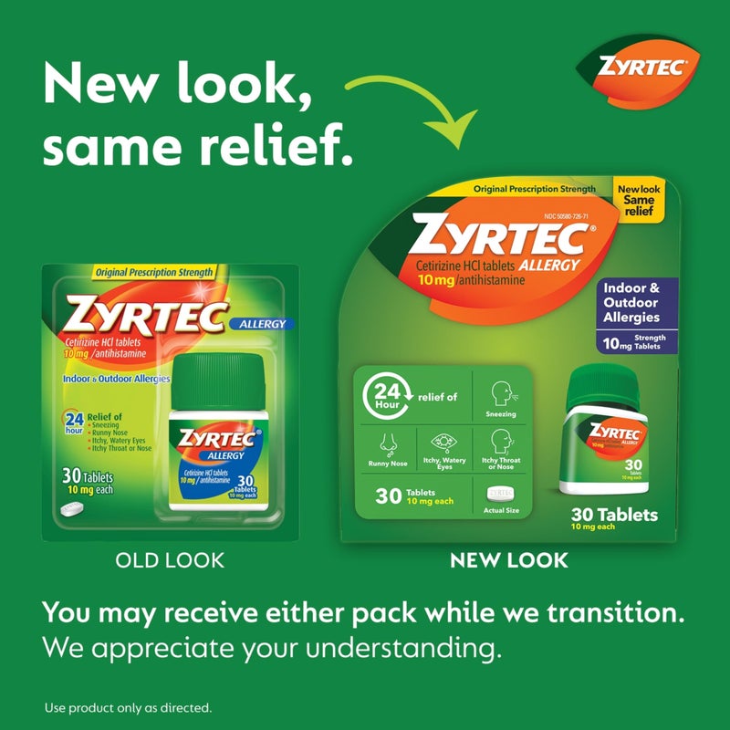 ZYRTEC أقراص زيرتيك لتخفيف الحساسية لمدة 24 ساعة، دواء الحساسية الداخلية والخارجية مع 10 ملغ سيتيريزين هيدروكلوريد مضاد الهيستامين للحساسية، حزمة واحدة، زجاجة 30 حبة وثلاثة عبوات سفر 1 حبة - Image 2