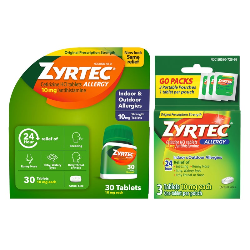 ZYRTEC أقراص زيرتيك لتخفيف الحساسية لمدة 24 ساعة، دواء الحساسية الداخلية والخارجية مع 10 ملغ سيتيريزين هيدروكلوريد مضاد الهيستامين للحساسية، حزمة واحدة، زجاجة 30 حبة وثلاثة عبوات سفر 1 حبة - Image 1