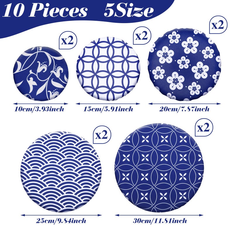 Patelai 10 Pcs Bowl Covers Reusable in 5 Size Stretch Cloth Fabric Elastic Food Storage Bowl Covers Bread Sourdough Lids for Proofing Food Fruits Leftover(Blue White,Stylish Style) - Image 5