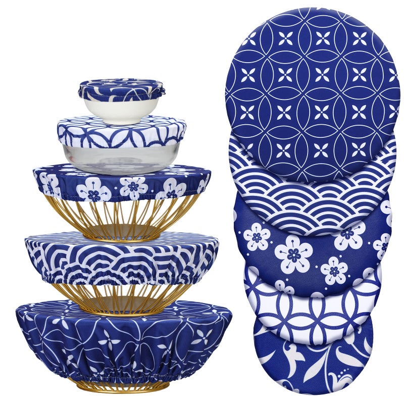 Patelai 10 Pcs Bowl Covers Reusable in 5 Size Stretch Cloth Fabric Elastic Food Storage Bowl Covers Bread Sourdough Lids for Proofing Food Fruits Leftover(Blue White,Stylish Style) - Image 1