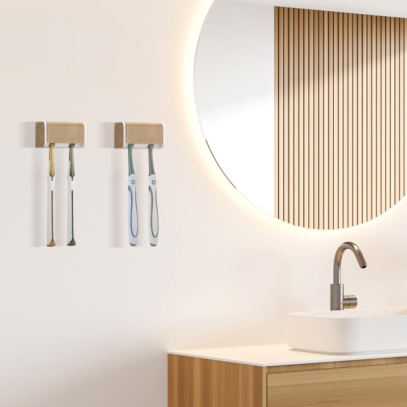 Parkmani 2 Pcs Toothbrush Holders Wall Mounted With Cover  Electric Tooth Brushing Holder For Bathroom  2 Slots Self Adhesive Toothbrush Organizer  Toothbrush Stand For Family  Kids (2  Wood Grain) - Image 2