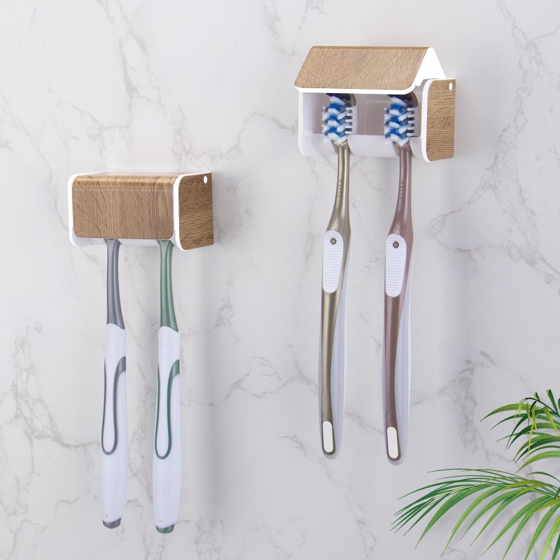Parkmani 2 Pcs Toothbrush Holders Wall Mounted With Cover  Electric Tooth Brushing Holder For Bathroom  2 Slots Self Adhesive Toothbrush Organizer  Toothbrush Stand For Family  Kids (2  Wood Grain) - Image 1