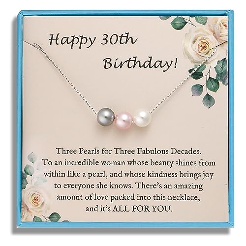 Sereney 30th Birthday Gifts for Women Sterling Silver Pearl Necklace as 30 Year Old Birthday Gifts for Women with Three Pearl Beads on Birthday Gifts for Turning 30 for Daughter or Friends - Image 1