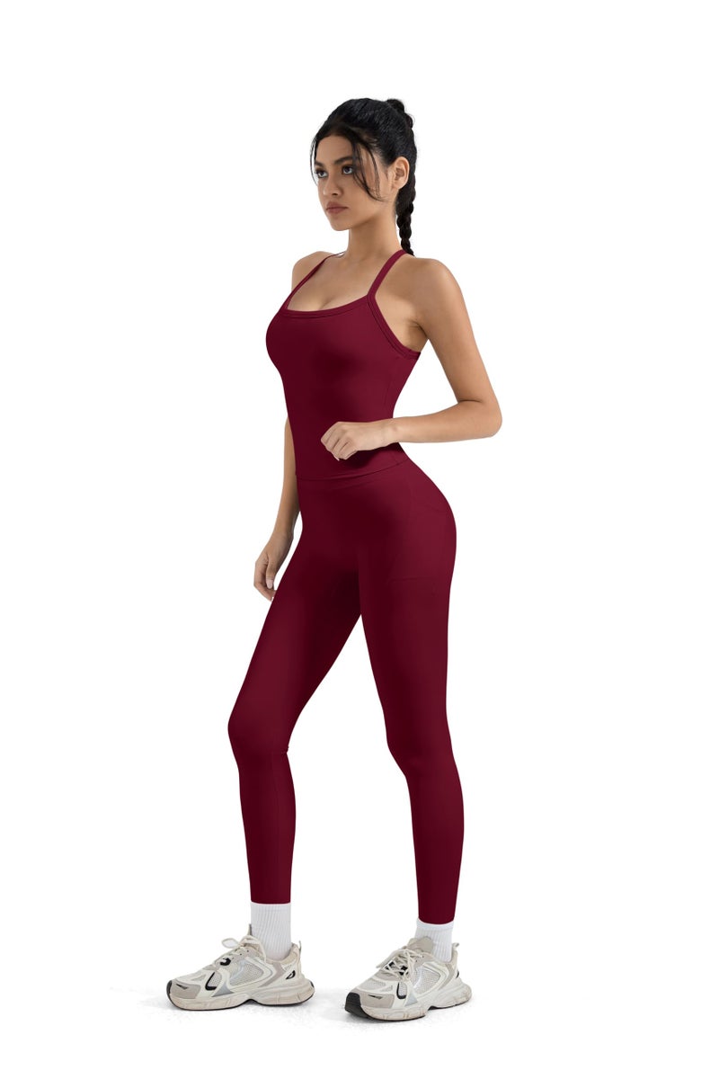 SUUKSESS Women 2 Piece Workout Sets Compression Tummy Control Leggings with Pockets Halter Built in Bra Tank Tops Sports Bra Scrunch Butt Lifting Yoga Pants (Magenta, M) - Image 5