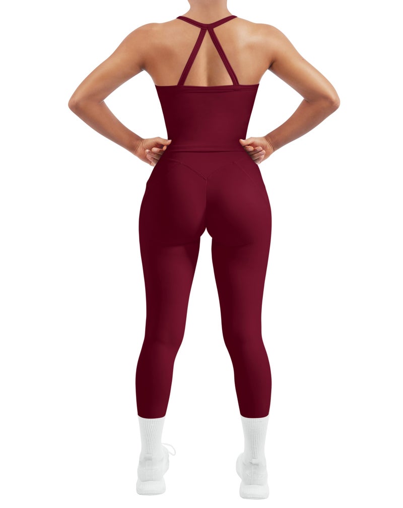 SUUKSESS Women 2 Piece Workout Sets Compression Tummy Control Leggings with Pockets Halter Built in Bra Tank Tops Sports Bra Scrunch Butt Lifting Yoga Pants (Magenta, M) - Image 1