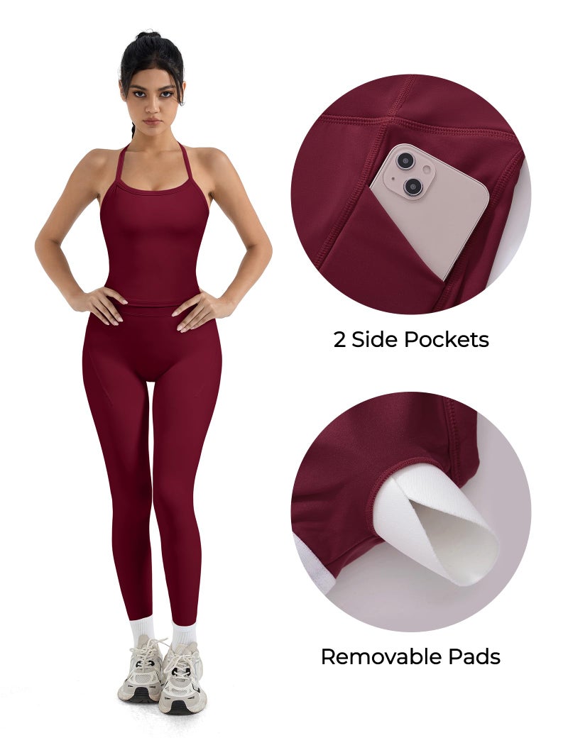 SUUKSESS Women 2 Piece Workout Sets Compression Tummy Control Leggings with Pockets Halter Built in Bra Tank Tops Sports Bra Scrunch Butt Lifting Yoga Pants (Magenta, M) - Image 2