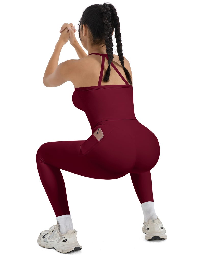 SUUKSESS Women 2 Piece Workout Sets Compression Tummy Control Leggings with Pockets Halter Built in Bra Tank Tops Sports Bra Scrunch Butt Lifting Yoga Pants (Magenta, M) - Image 3