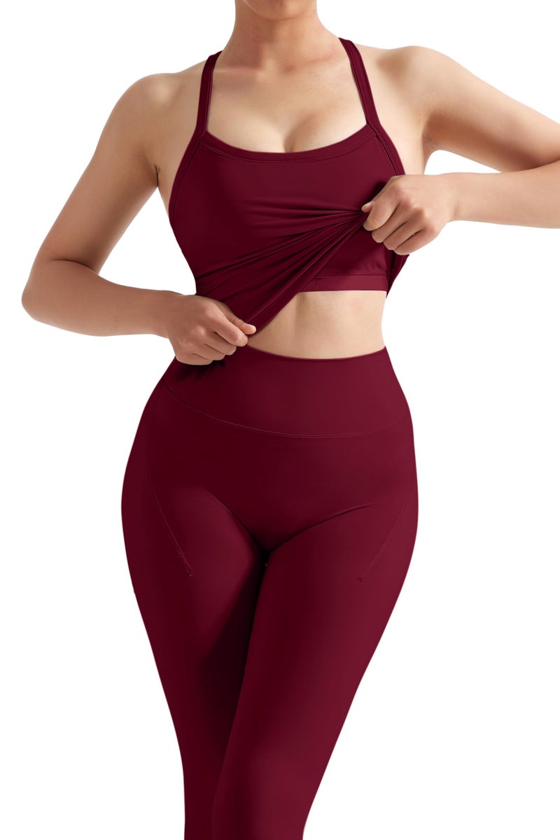 SUUKSESS Women 2 Piece Workout Sets Compression Tummy Control Leggings with Pockets Halter Built in Bra Tank Tops Sports Bra Scrunch Butt Lifting Yoga Pants (Magenta, M) - Image 4