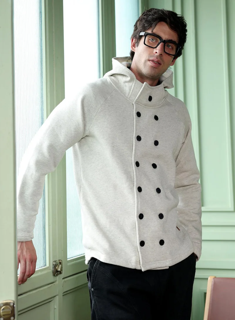 Campus Sutra Men Double-Breasted Fleece Jacket | Standing Hood Collar, Long Regular Sleeves | Button , Curved Hem | Solid Fleece | Knitted Fabric For Casual & Daily Wear | Cloud Grey