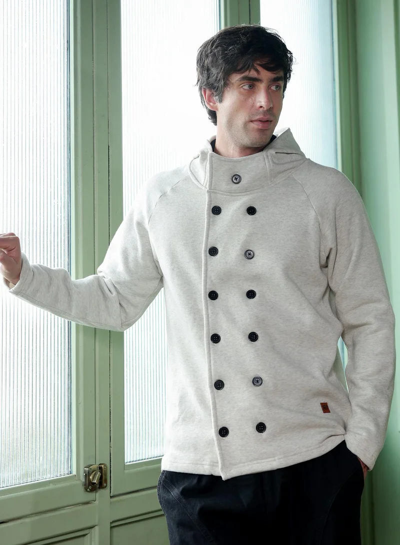 Campus Sutra Men Double-Breasted Fleece Jacket | Standing Hood Collar, Long Regular Sleeves | Button , Curved Hem | Solid Fleece | Knitted Fabric For Casual & Daily Wear | Cloud Grey
