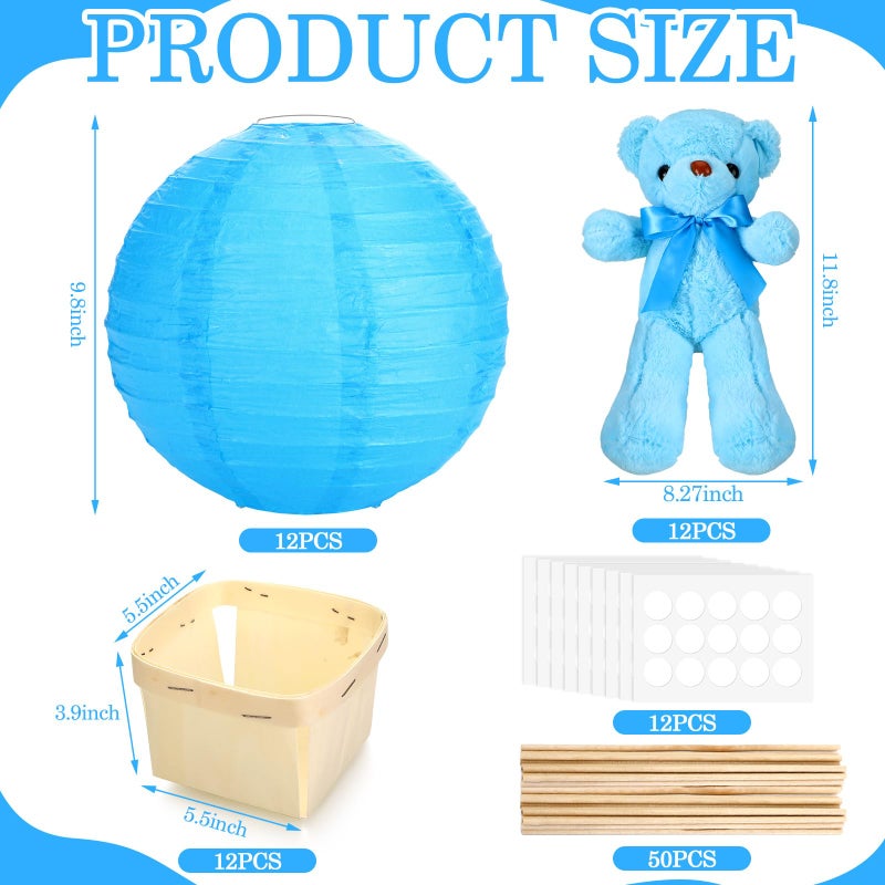 Baquler 12 Sets Baby Shower Hot Air Balloon Table Centerpieces DIY Paper Lanterns Stuffed Plush Bear Wooden Baskets for Wedding Birthday Gender Reveal (Blue,Solid Style) - Image 2