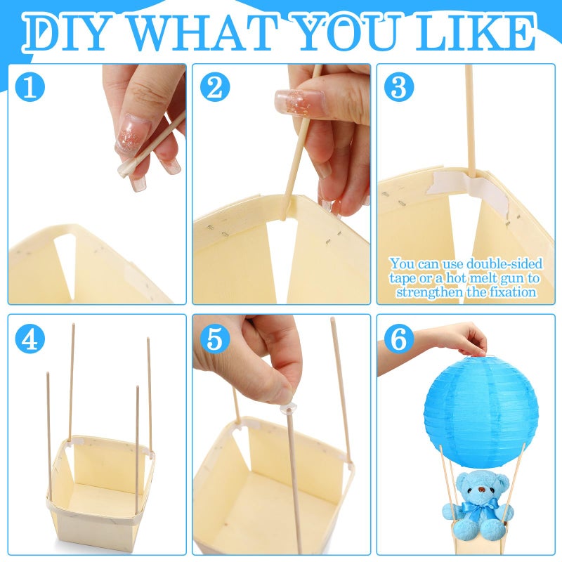 Baquler 12 Sets Baby Shower Hot Air Balloon Table Centerpieces DIY Paper Lanterns Stuffed Plush Bear Wooden Baskets for Wedding Birthday Gender Reveal (Blue,Solid Style) - Image 3
