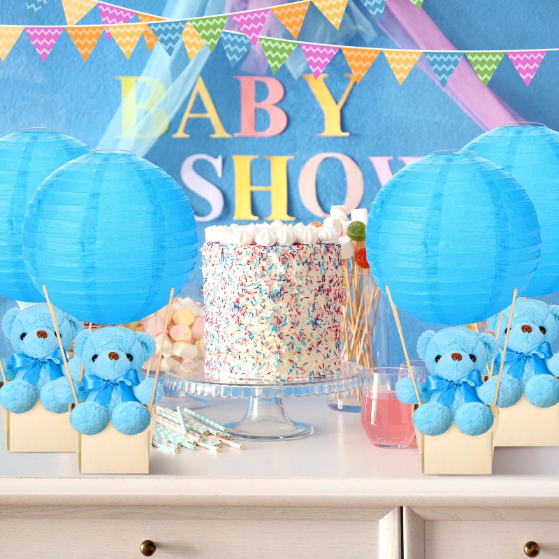 Baquler 12 Sets Baby Shower Hot Air Balloon Table Centerpieces DIY Paper Lanterns Stuffed Plush Bear Wooden Baskets for Wedding Birthday Gender Reveal (Blue,Solid Style) - Image 5