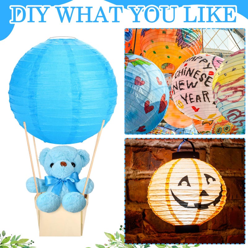 Baquler 12 Sets Baby Shower Hot Air Balloon Table Centerpieces DIY Paper Lanterns Stuffed Plush Bear Wooden Baskets for Wedding Birthday Gender Reveal (Blue,Solid Style) - Image 4