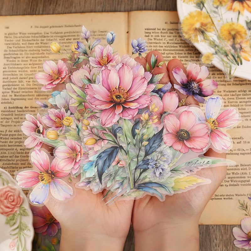 Knaid 120 Pieces Watercolor Flower Stickers Set - Big 4.7" Waterproof Clear Botanical Floral Journaling Sticker for Scrapbook Junk Journal Supplies Bullet Journals Planner Collage Laptop Paper Crafts - Image 1