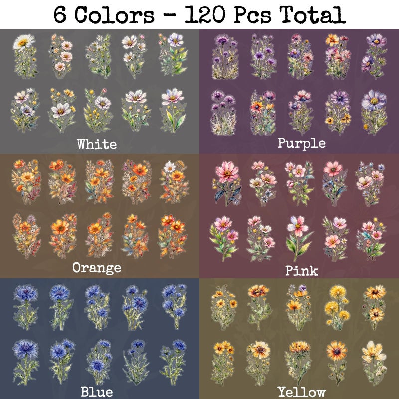 Knaid 120 Pieces Watercolor Flower Stickers Set - Big 4.7" Waterproof Clear Botanical Floral Journaling Sticker for Scrapbook Junk Journal Supplies Bullet Journals Planner Collage Laptop Paper Crafts - Image 2