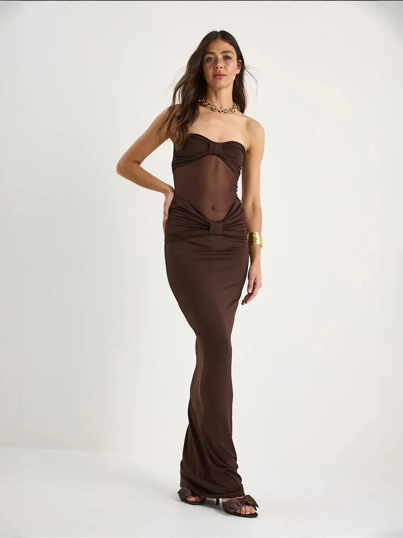 Bianco Lucci Dark Mocha Brown LUCCI Strapless Bodycon Maxi Dress with Ruffle Detail for Women | Best Price UAE