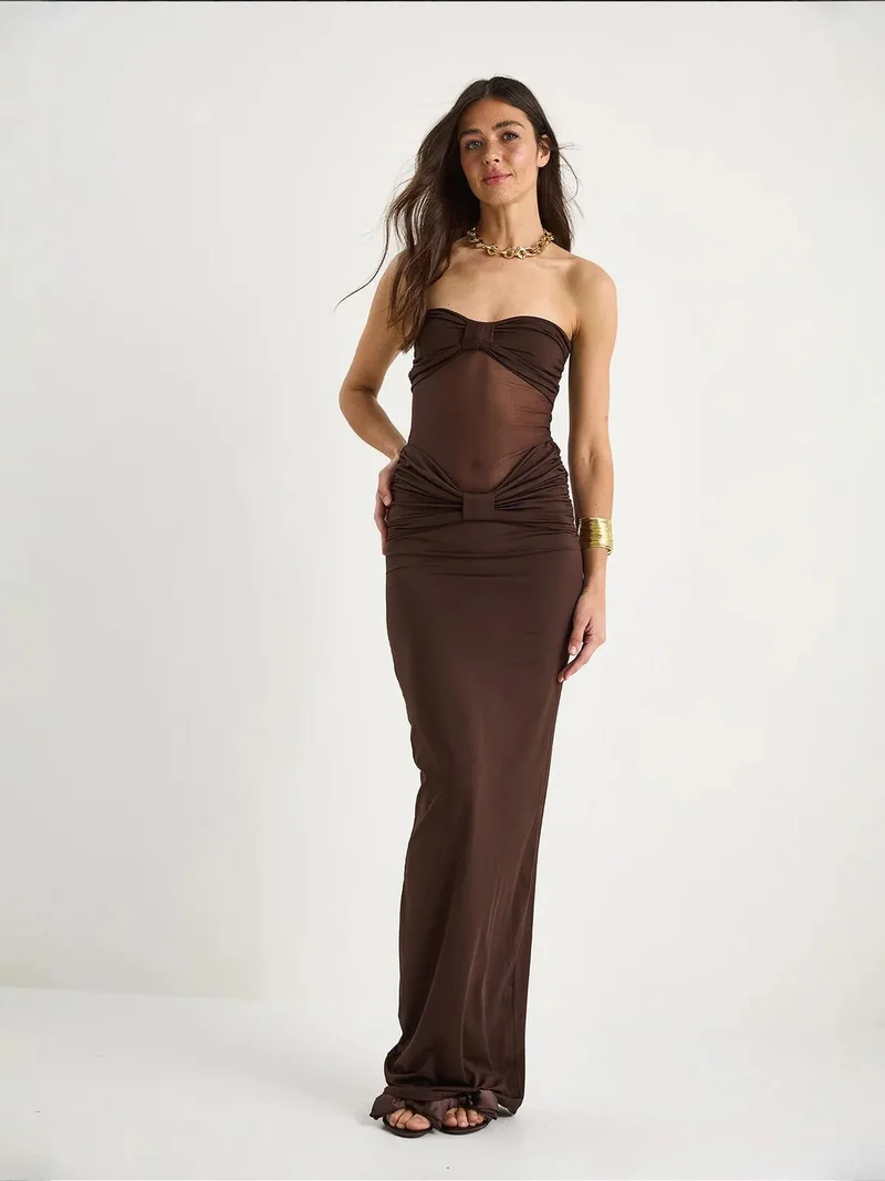 Bianco Lucci Dark Mocha Brown LUCCI Strapless Bodycon Maxi Dress with Ruffle Detail for Women | Best Price UAE