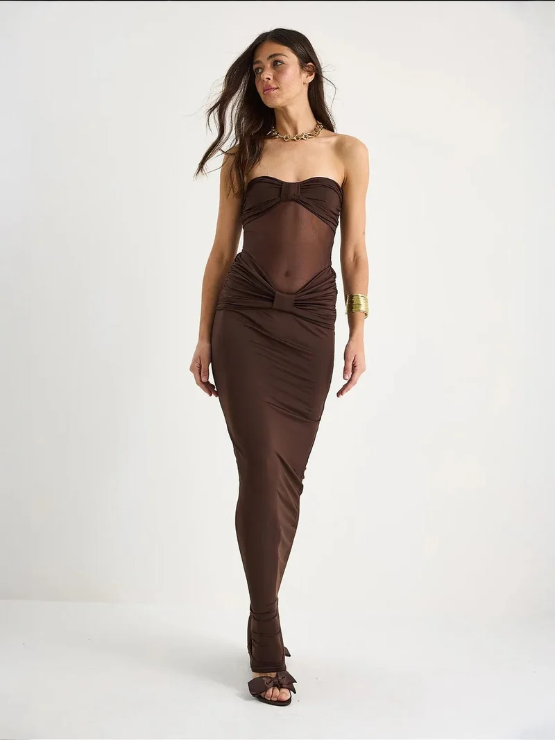 Bianco Lucci Dark Mocha Brown LUCCI Strapless Bodycon Maxi Dress with Ruffle Detail for Women | Best Price UAE
