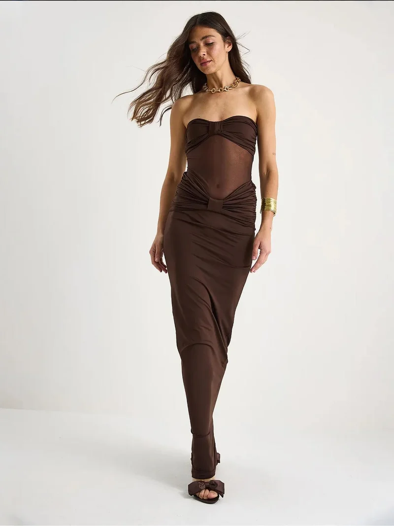 Bianco Lucci Dark Mocha Brown LUCCI Strapless Bodycon Maxi Dress with Ruffle Detail for Women | Best Price UAE