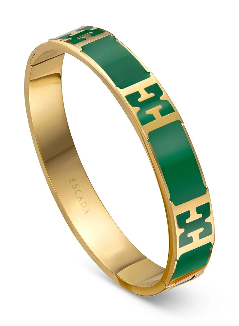 ESCADA carlett Gold Plated Bangle with Logo Cutout and Green Enamel Detail