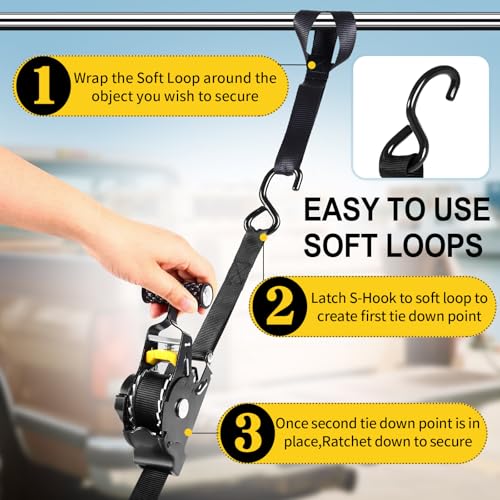 BCJCLTS Retractable Ratchet Straps1 x 10 Heavy Duty Ratchet Straps Self Retractable Tie Down Straps with Soft Loops for Motorcycle TruckTrailer4Pack - Image 3