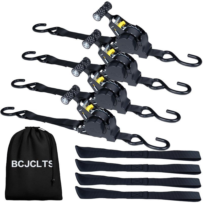 BCJCLTS Retractable Ratchet Straps1 x 10 Heavy Duty Ratchet Straps Self Retractable Tie Down Straps with Soft Loops for Motorcycle TruckTrailer4Pack - Image 2