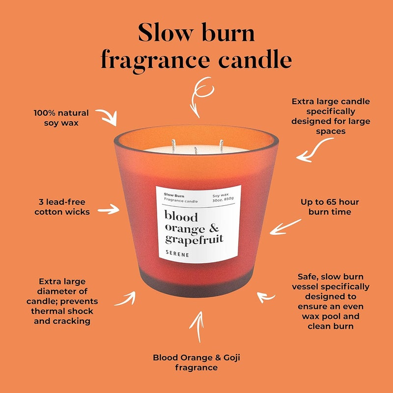 Hidden Label شمعة معطرة كبيرة ماركة هيدن لابيل، برتقال الدم والجريب فروت، 30 أونصة بشموع ثلاثية ضخمة، مجموعة سيرين لشموع الصويا الطبيعية ذات الاحتراق البطيء لتعطير المنزل | وعاء زجاجي متدرج صقيل، رائحة حمضيات قوية للمساحات الكبيرة، تركيبة نظيفة غير سامة، فاخرة وجاهزة للهدية - Image 4