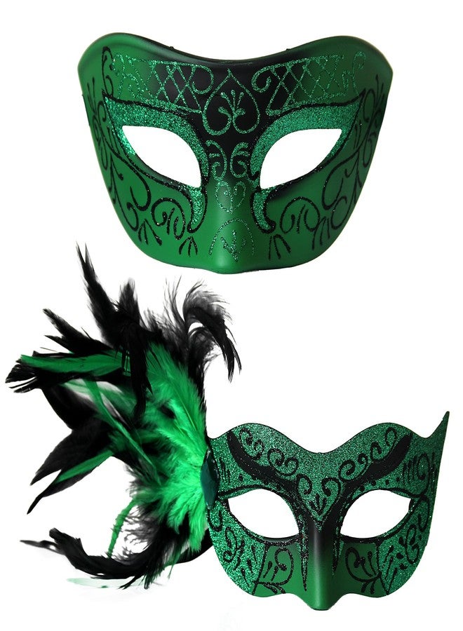 Carnavalife Venetian Couples Masquerade Mask Set for Mardi Gras Carnival Party Halloween Costume Accessories (Green+Green) - Image 1