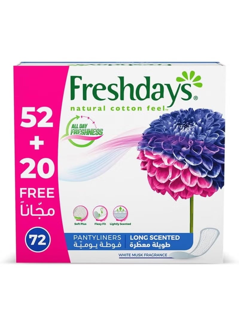 Freshdays Pantyliners Long Scented, White Musk Fragrance, Natural Cotton Feel, (52+20 Free) 72 Pads - Image 1