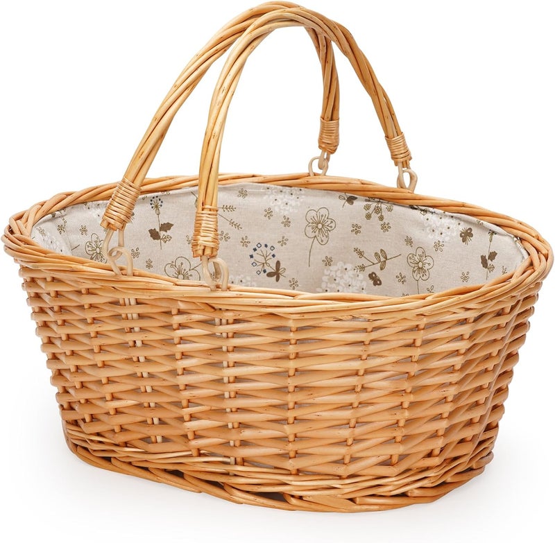 TwentyNext Wicker Picnic Basket with Double Folding Handles, Natural Large Willow Hamper Empty Basket Cheap Easter Eggs Candy Storage Wine Basket for Toy, Flower, Wedding（White 16inch） - Image 1