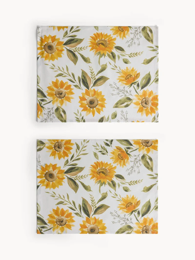 Coincasa Coincasa-Set Of 2 Cotton Panama Placemats With Sunflower Print-Yellow