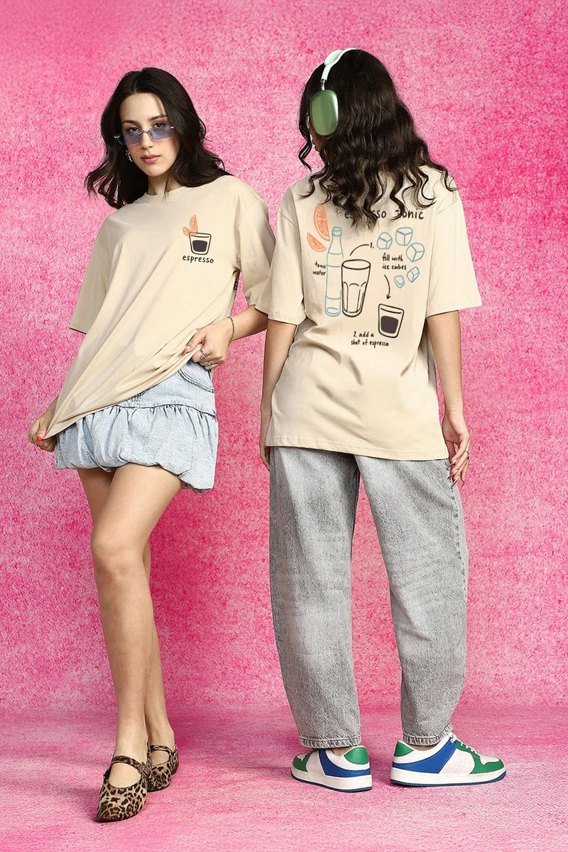جونبيري JUNEBERRY® Pure Cotton Oversized Drop Shoulder T-Shirt for Women | Front & Back Print, Half Sleeve, Baggy Fit, Round Neck |OS_JB_ESPRS_SW_M