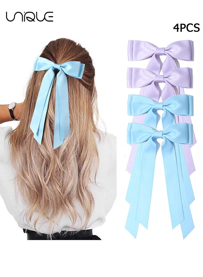 يونيك 4 قطع أقواس شعر ساتان حريرية - مشابك شعر عتيقة لطيفة مزدوجة الشريط شرابة حامل ذيل حصان إكسسوارات مع مشبك معدني للنساء والفتيات والأطفال الصغار والمراهقين والاطفال (أزرق وأرجواني) - Image 1