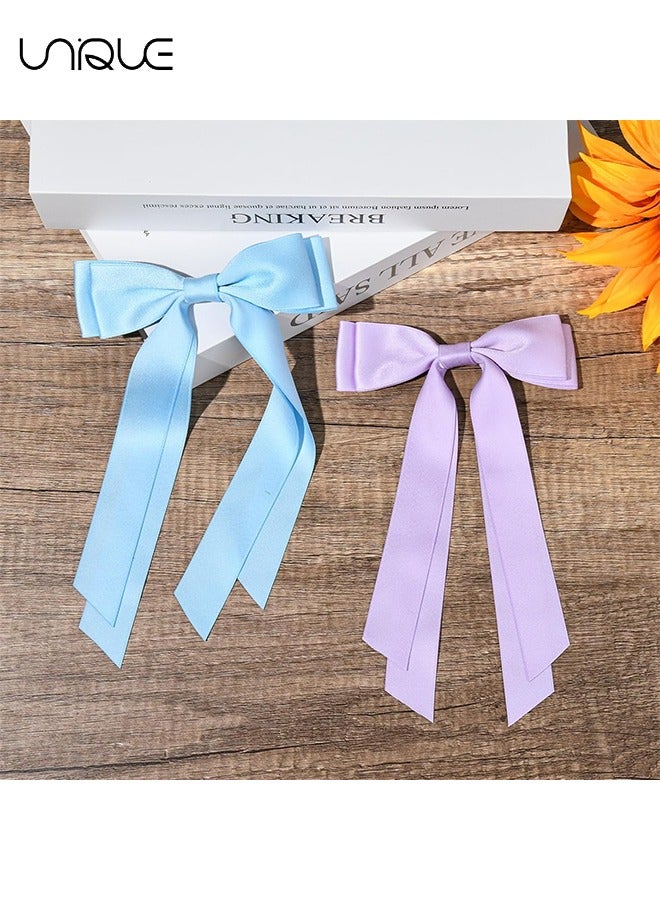 يونيك 4 قطع أقواس شعر ساتان حريرية - مشابك شعر عتيقة لطيفة مزدوجة الشريط شرابة حامل ذيل حصان إكسسوارات مع مشبك معدني للنساء والفتيات والأطفال الصغار والمراهقين والاطفال (أزرق وأرجواني) - Image 3