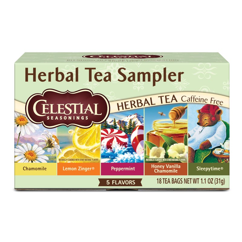 Celestial Seasonings Herbal Tea Sampler Variety Pack, Caffeine Free, 18 Tea Bags Box - Image 1