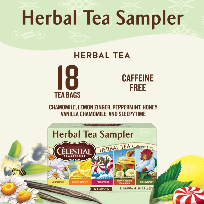 Celestial Seasonings Herbal Tea Sampler Variety Pack, Caffeine Free, 18 Tea Bags Box - Image 2