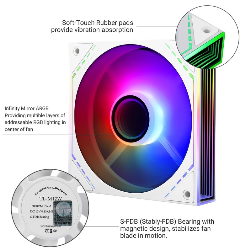 Thermalright TL-M12W-S 120mm ARGB CPU Fan, with 1500RPM Speed, White Computer Case Fan, Quiet 4pin PWM PC Fan, for S-FDB Bearing CPU Cooler Fan,ARGB Light Effect with Infinite Mirrors on Both Sides - Image 4