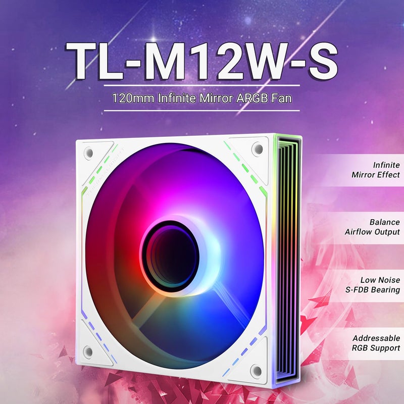 Thermalright TL-M12W-S 120mm ARGB CPU Fan, with 1500RPM Speed, White Computer Case Fan, Quiet 4pin PWM PC Fan, for S-FDB Bearing CPU Cooler Fan,ARGB Light Effect with Infinite Mirrors on Both Sides - Image 2
