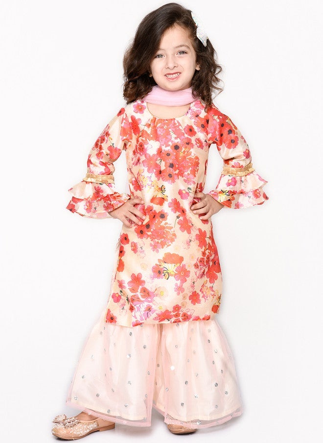 Saka Designs كُرتا مزخرف بالأزهار مع شراة للفتيات - Image 2