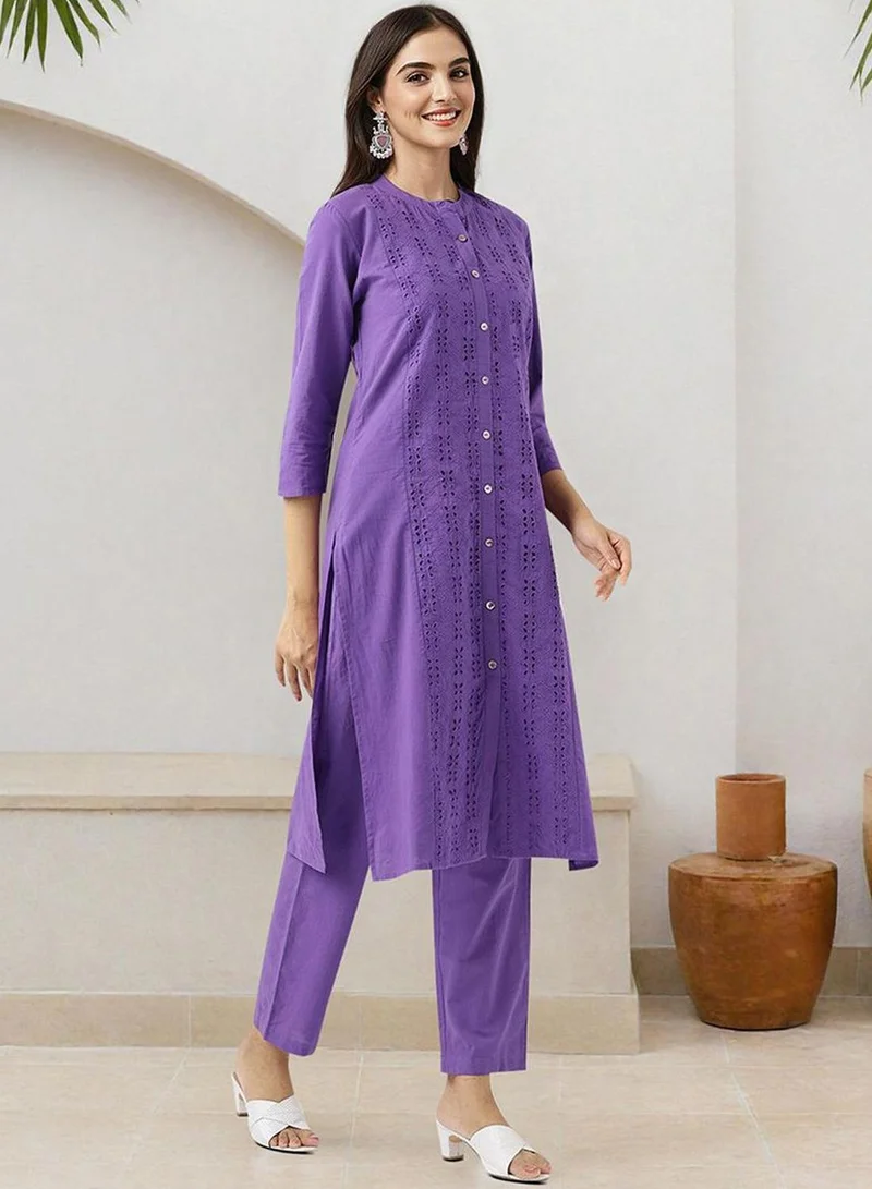 آي شين Women's Purple 100% Cotton Embellished Regular Fit Kurta Set