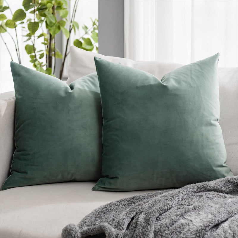 QUAFOO Sage Couch Velvet Throw Pillow Covers 22x22 inch Set of 2 with Zipper Decorative Luxury Soft Solid Rectangle Cushion Covers Case for Sofa Bed Living Room Car